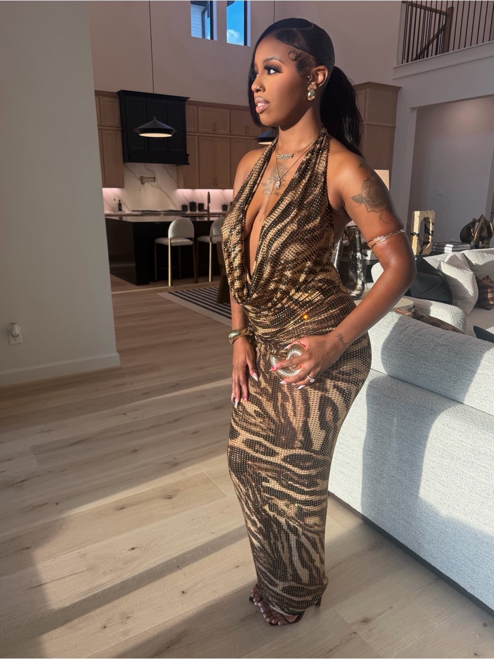 Fashion Nova Brown and Black Zebra-Print Halter Maxi Dress